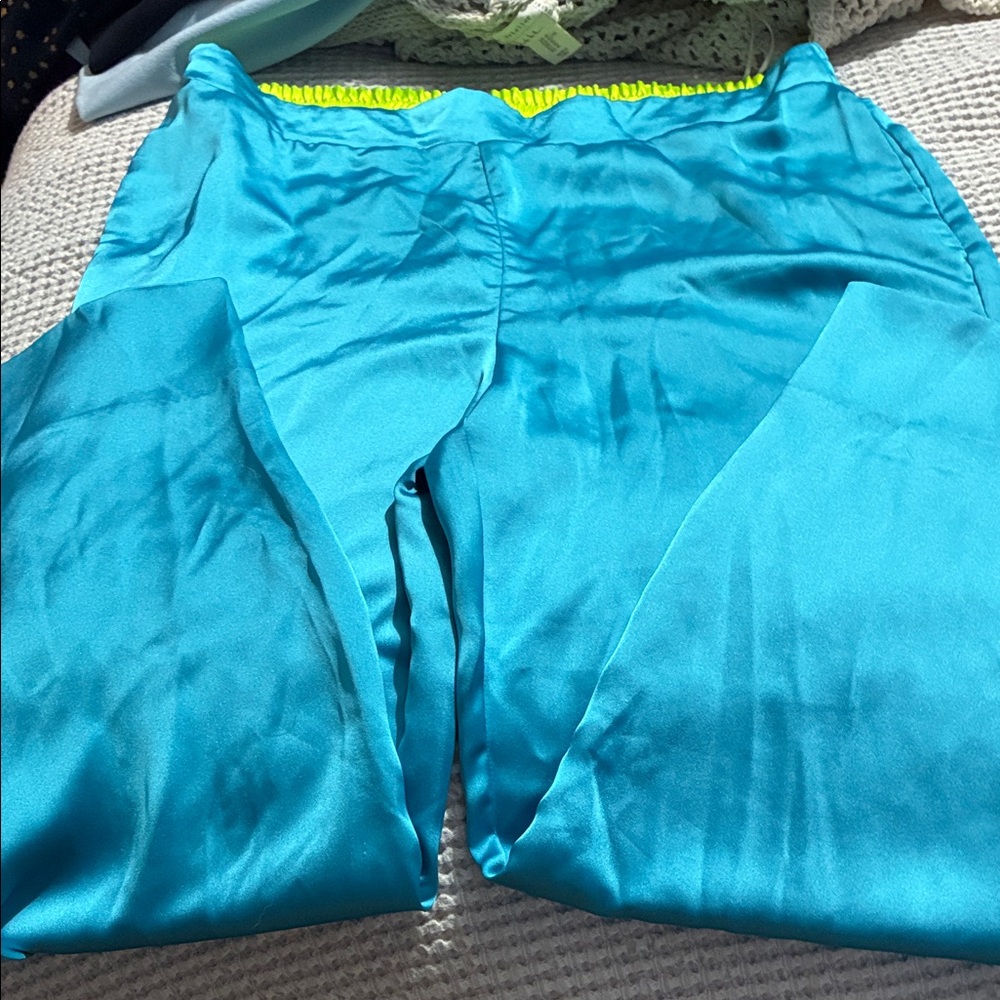 Gretchen Scott Designs Turquoise Satin Lounge Pants with Lime Waistband